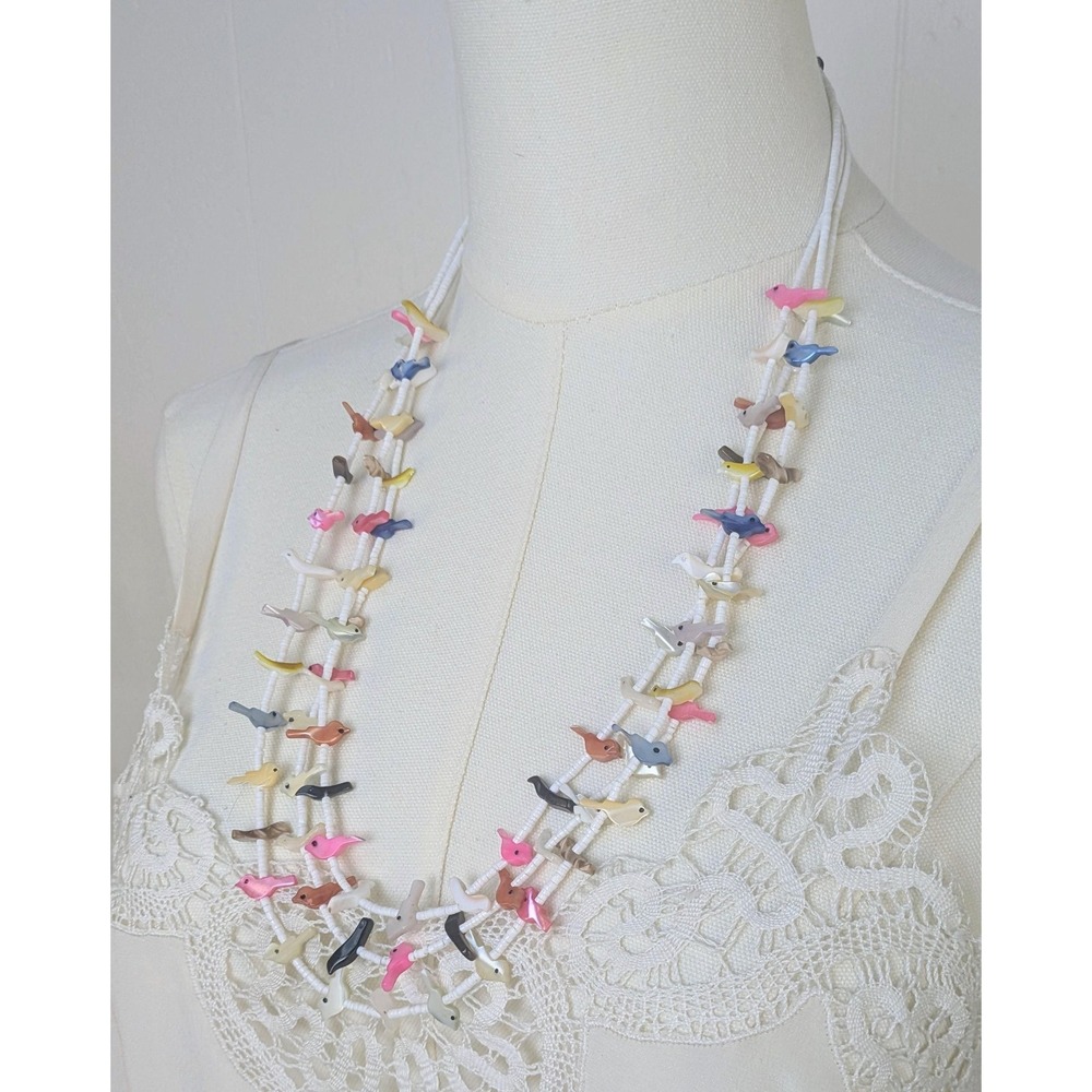 Vintage 70s Zuni Fetish Necklace Three Strand Heishi Bird Sterling Silver